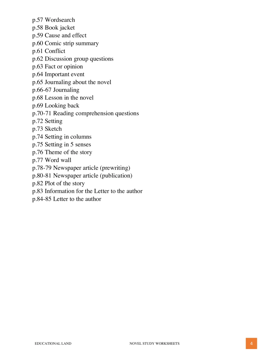 Table of contents, part 2: pages 57 to 85 listing wordsearch, cause and effect, setting, theme and letter to the author