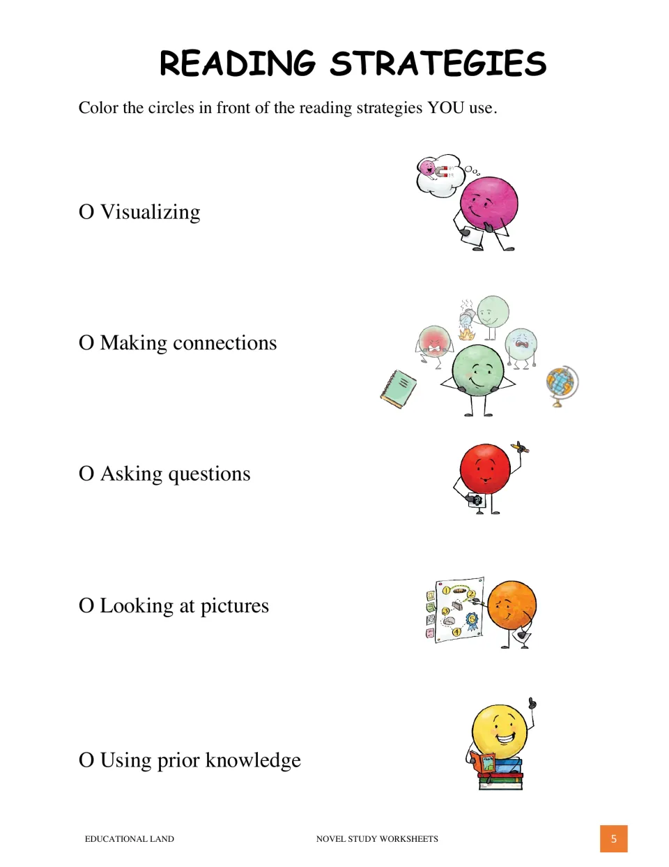 Reading strategies self-check: students color the circle beside each strategy they use, from visualizing to prior knowledge