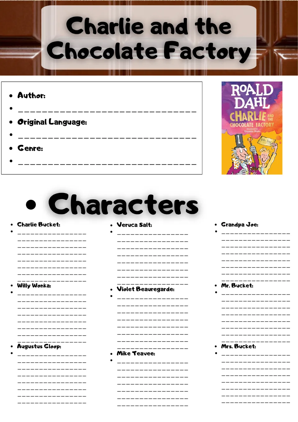 Book details and character notes: students record author, original language and genre, describe Charlie, Wonka and 7 more