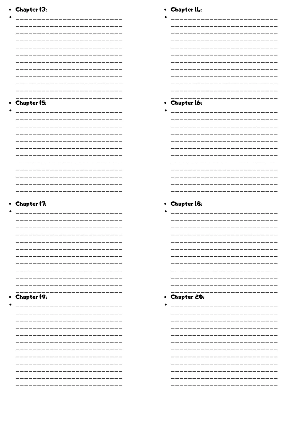 Chapter summaries 13 to 20: students record the main events of each chapter as they read through the middle of the novel