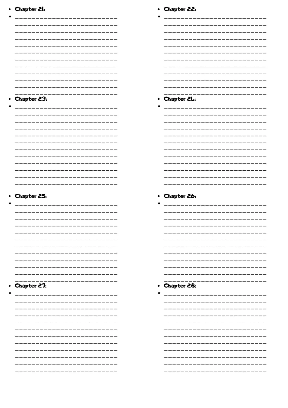 Chapter summaries 21 to 28: students summarize the plot of each chapter in their own words, eight chapters on this page