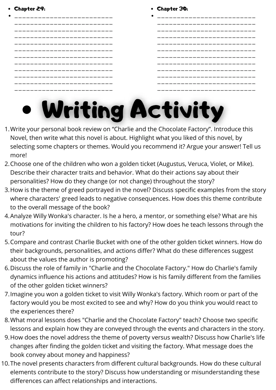 Final chapter notes for 29 and 30, then a 10-prompt writing activity on greed, family, Wonka and a personal book review