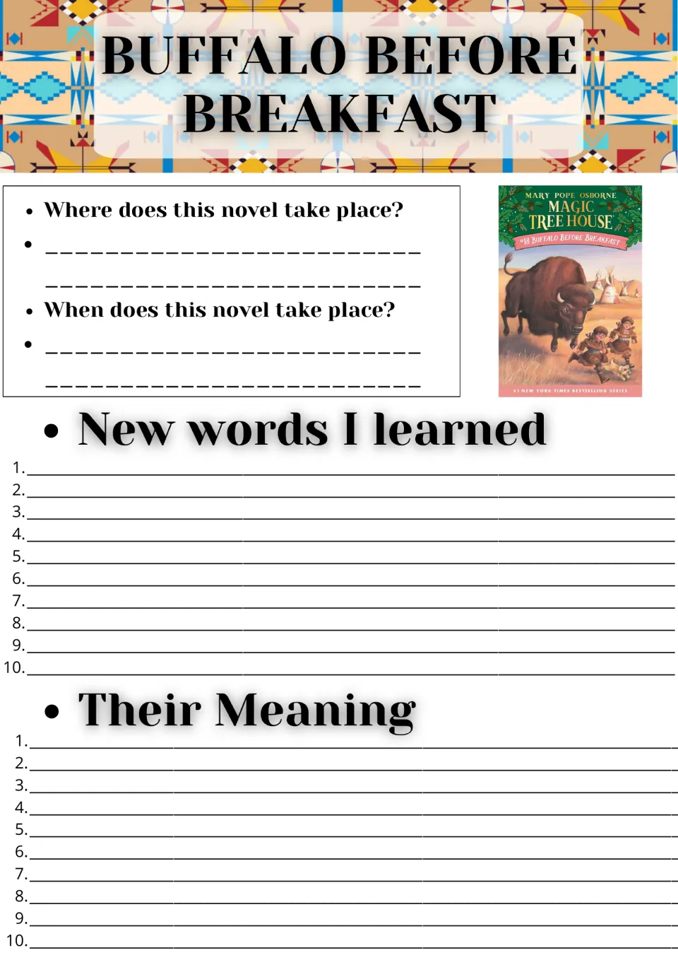 Buffalo Before Breakfast setting and vocabulary: students note where and when the novel happens, then list 10 new words