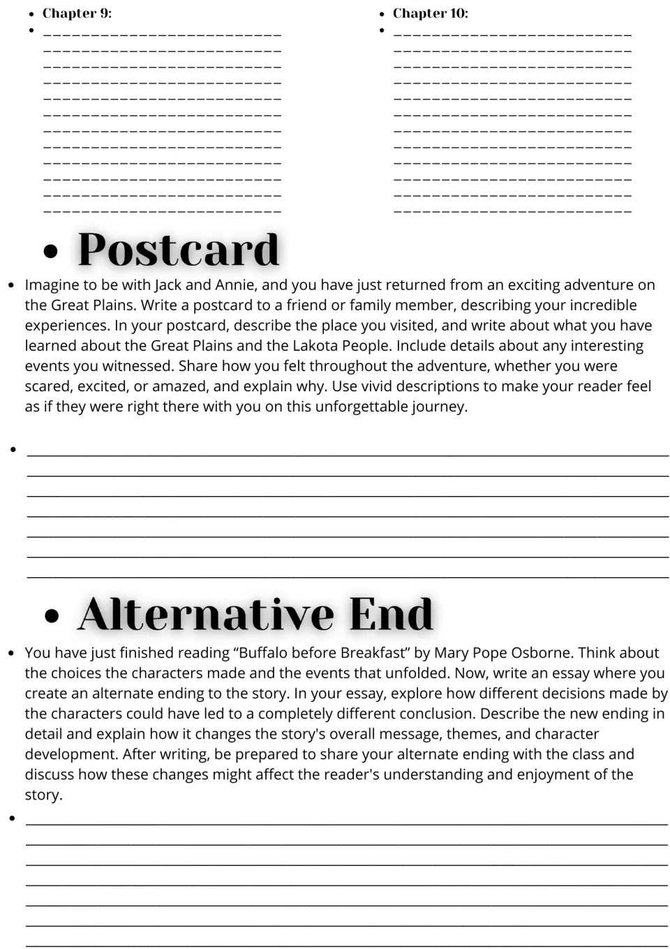 Chapter 9-10 notes, then writing tasks: a postcard about the Great Plains and Lakota People, and an alternate ending essay
