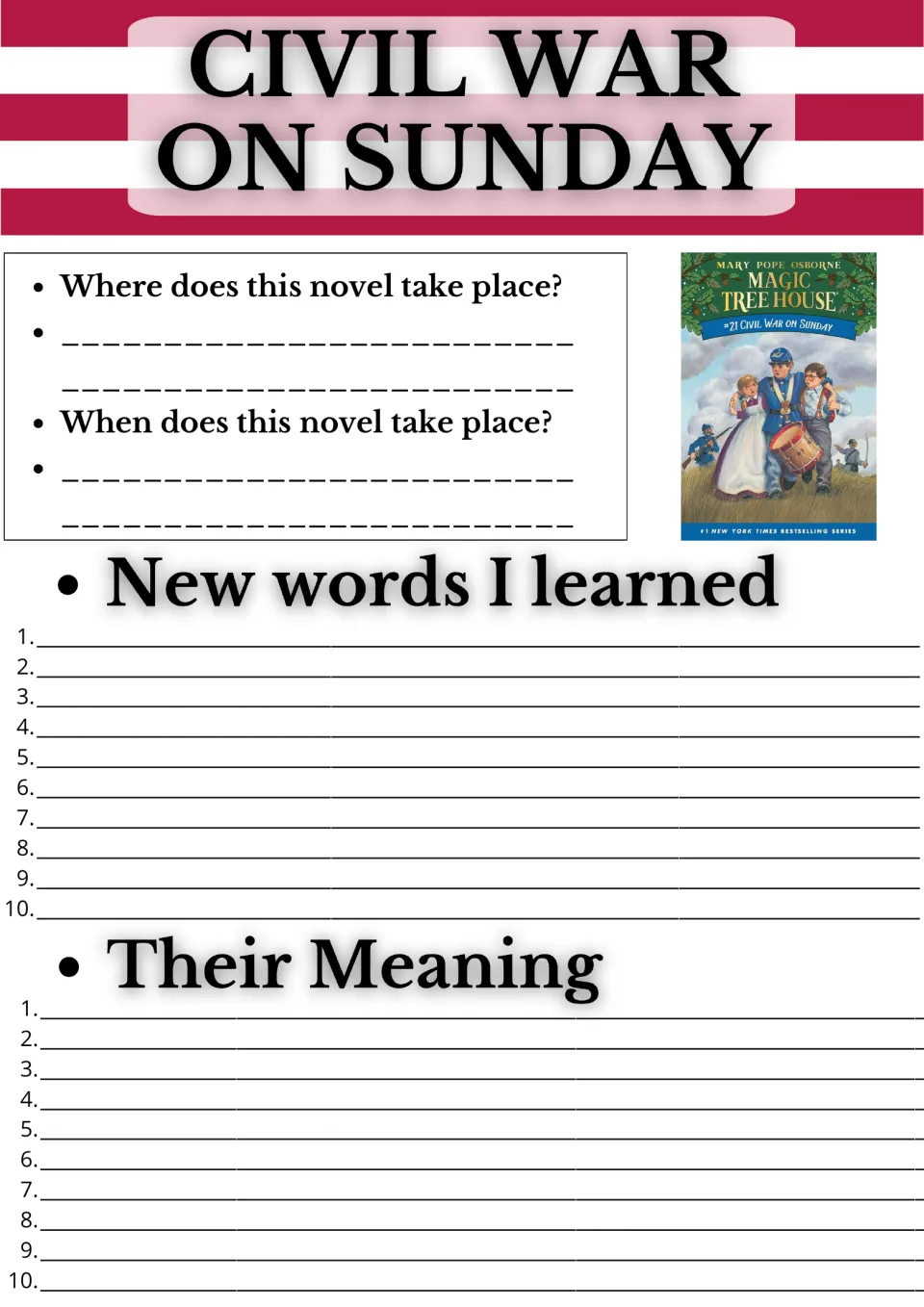 Civil War on Sunday novel study: students note where and when it takes place, then list 10 new words and meanings