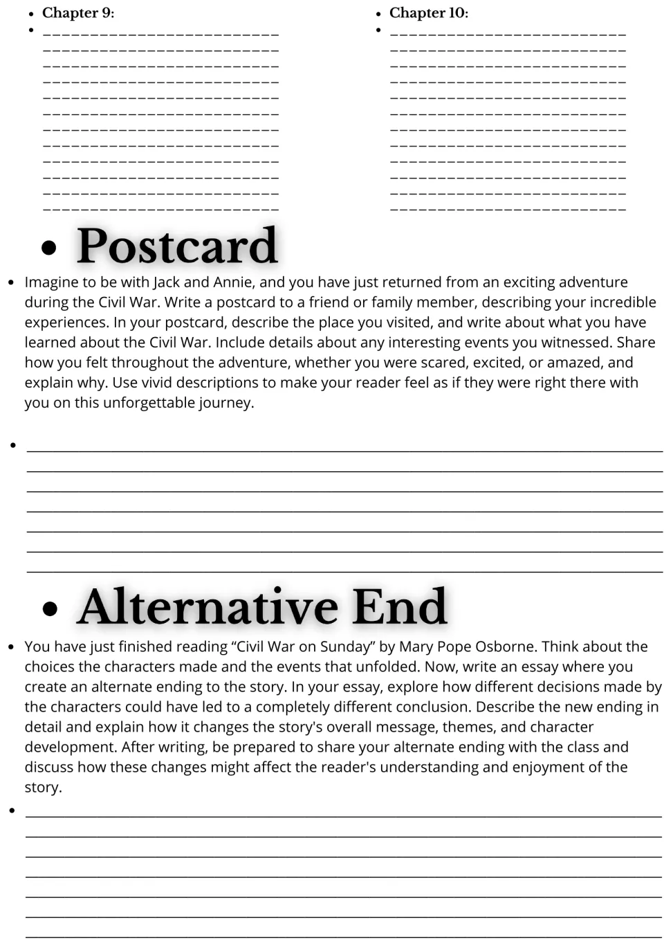 Chapters 9 and 10 notes plus two writing prompts: a postcard about the Civil War adventure and an alternative ending
