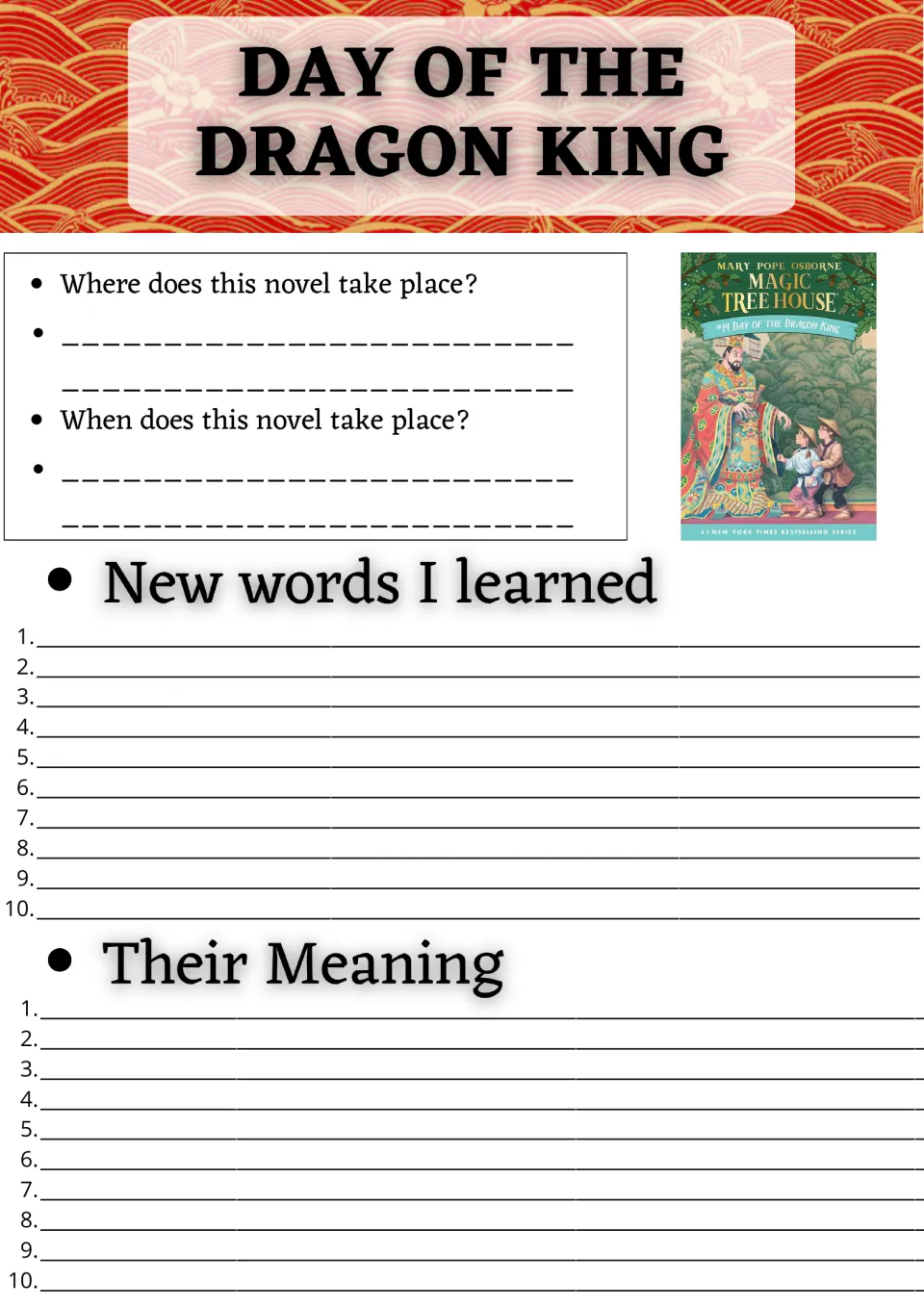 Day of the Dragon King setting and vocabulary: students answer where and when, then list 10 new words and meanings