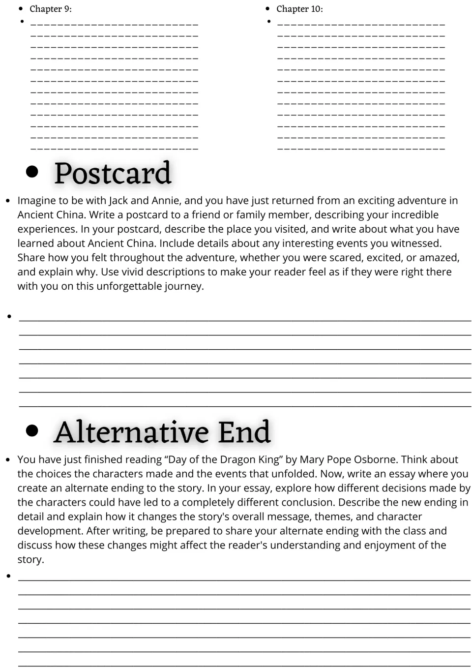 Chapters 9 and 10 summaries, then a postcard from Ancient China and an alternate-ending essay written after reading