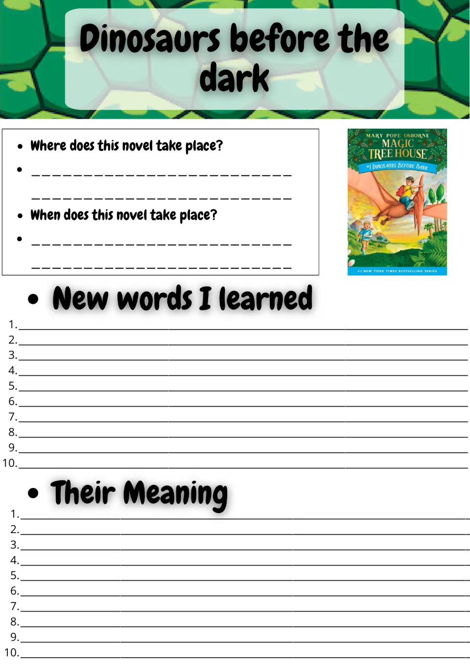 Novel setting questions ask where and when the story happens, then students log 10 new words and their meanings