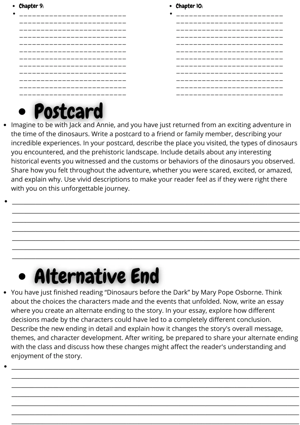 Chapters 9 and 10 notes, then a postcard from Jack and Annie's dinosaur trip and an alternate-ending essay on new choices