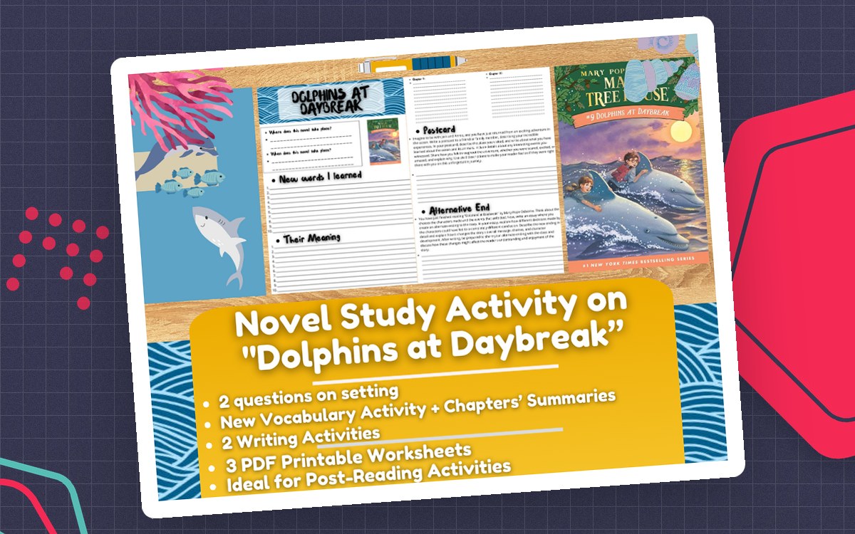 Dolphins at Daybreak novel-study cover showing ocean artwork, the book and worksheets for setting, chapter summaries and writing.