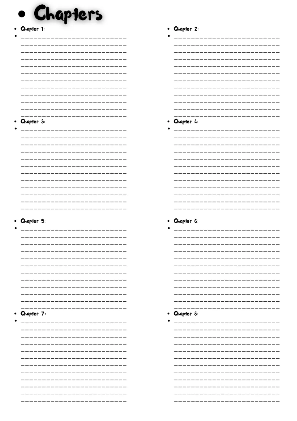 Chapter-by-chapter notes for chapters 1 to 8: students record what happens in each chapter to follow the plot in order