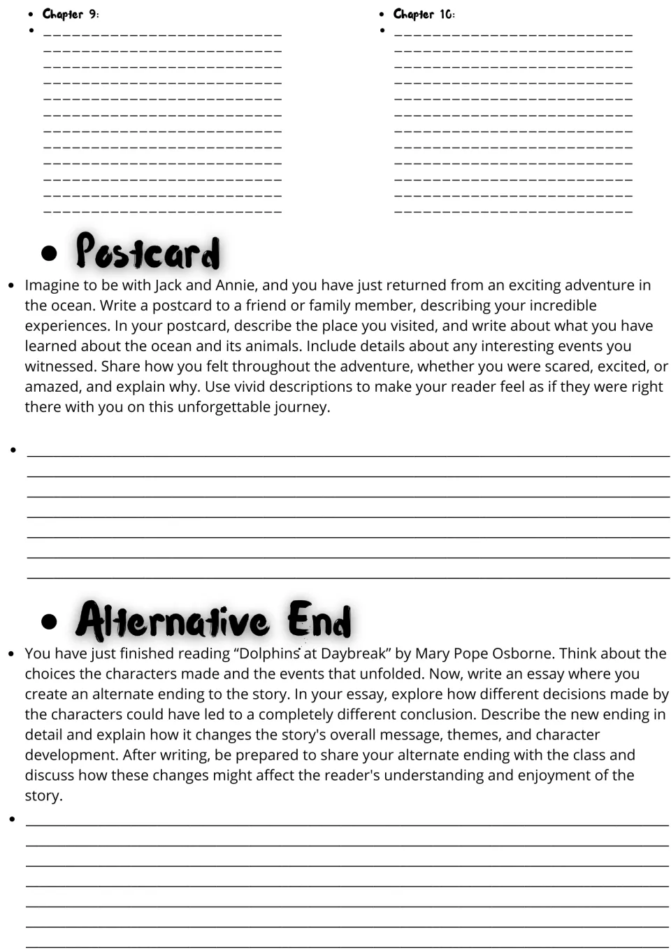 Chapters 9-10 and creative writing: students write an ocean postcard about Jack and Annie's trip and an alternate ending