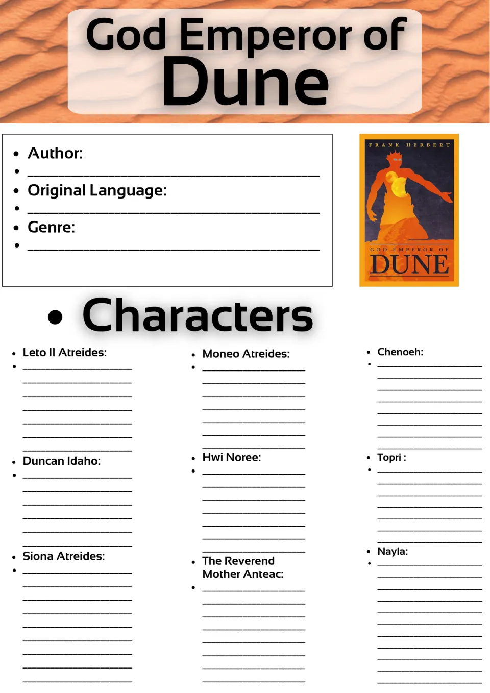 Novel study opening page: author, original language, genre, and descriptions of nine named characters