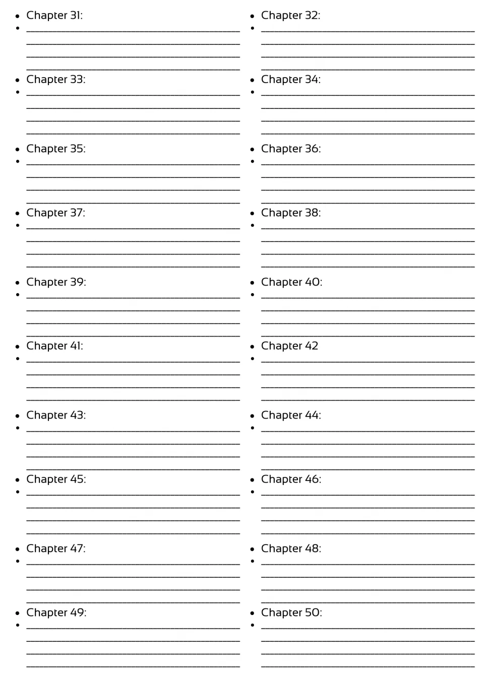 Novel study chapter summary section continues with spaces to record summaries for chapters 31 through 50