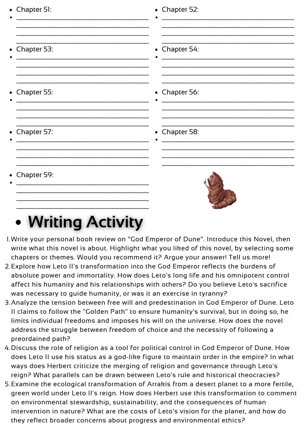 Novel study chapter 51–59 summaries and five writing prompts on a review, power, free will, religion, and ecology