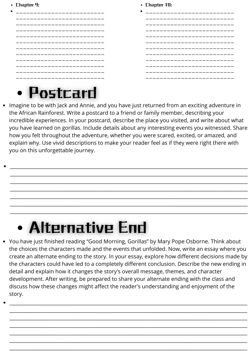 Chapters 9 and 10 notes, a postcard about the African rainforest trip with Jack and Annie, and an alternate-ending essay