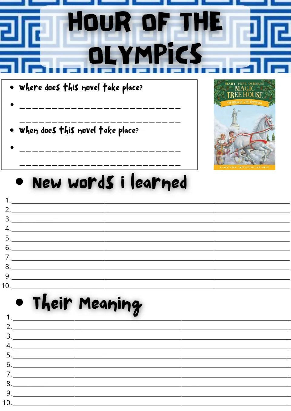 Novel study opening page: questions about where and when the story takes place, plus 10 words and meanings