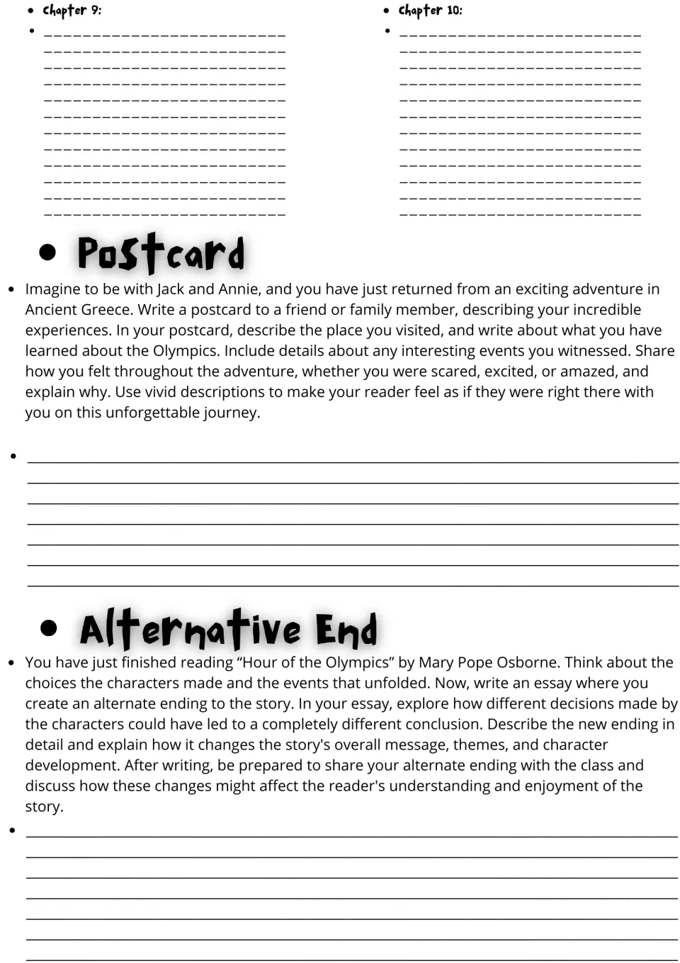 Novel study conclusion: chapters 9–10 summaries, an Ancient Greece postcard, and an alternate ending essay