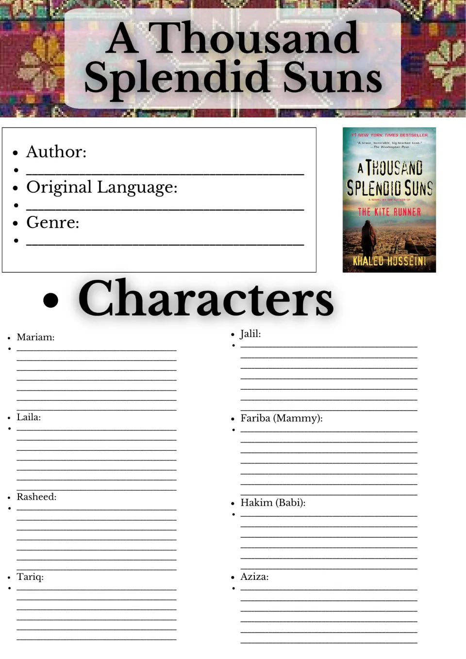 Novel study opening sheet asks for author, original language, genre, and descriptions of eight characters.