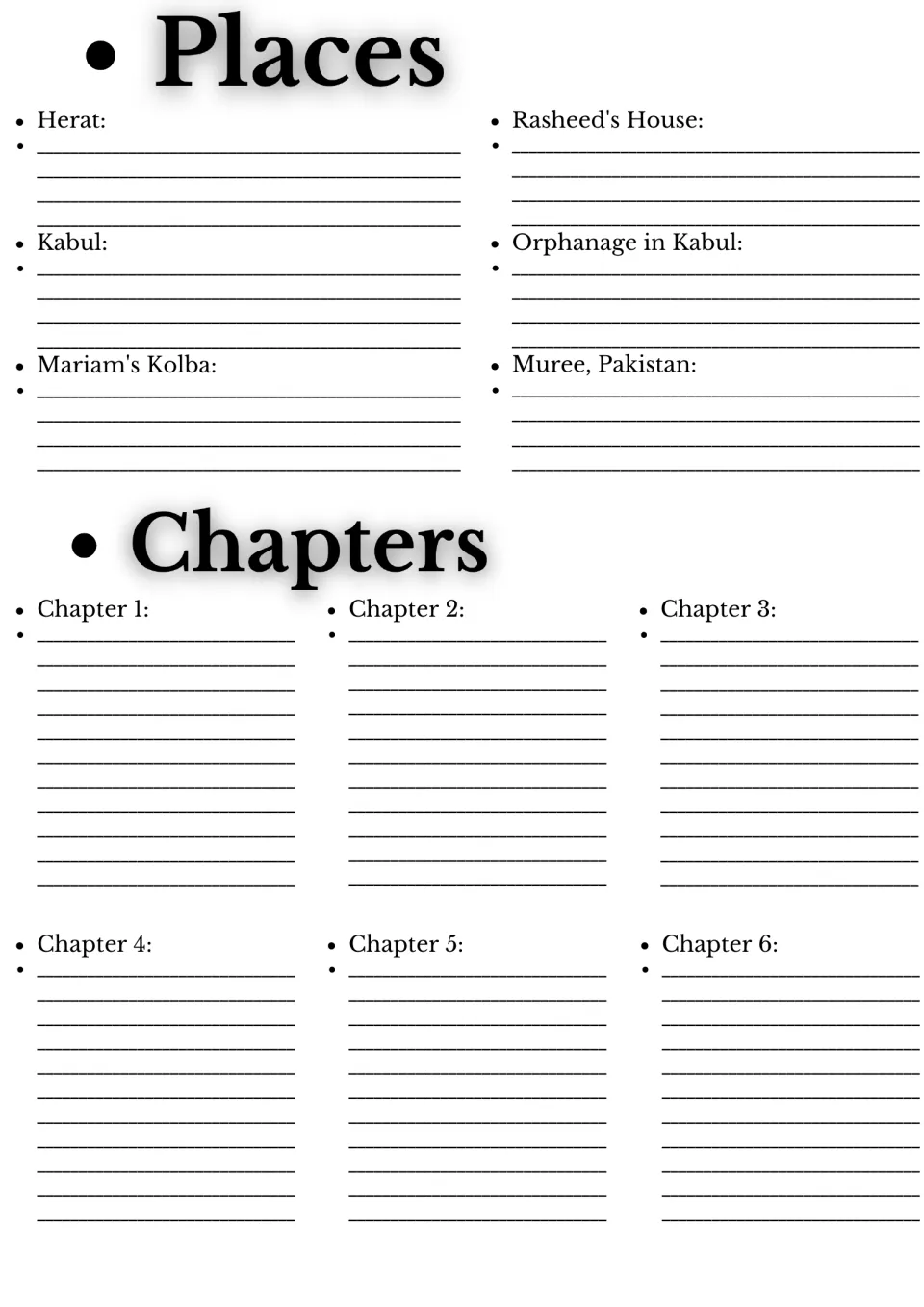 Novel study setting notes cover Herat, Kabul, Mariam's kolba, and three more places, plus chapters 1–6.