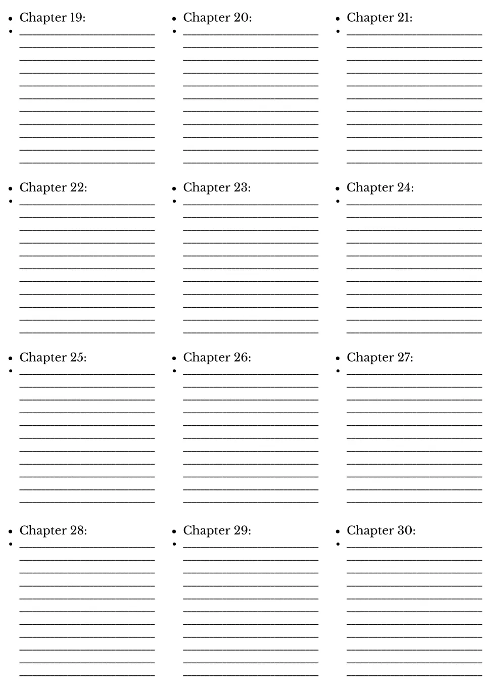 Novel study chapter summary section continues with spaces for students to summarize chapters 19 through 30.