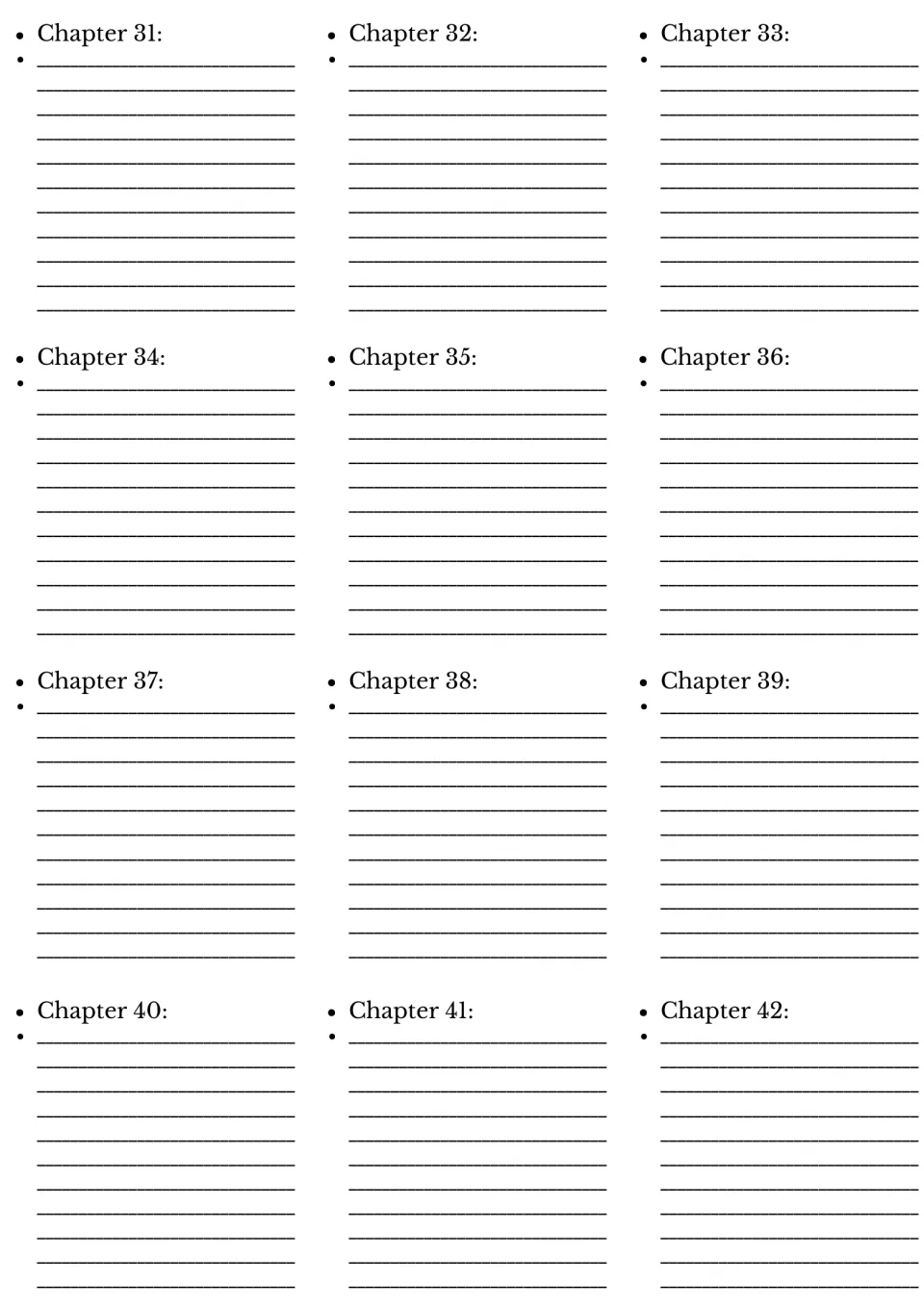Novel study chapter summary section continues with spaces for students to summarize chapters 31 through 42.