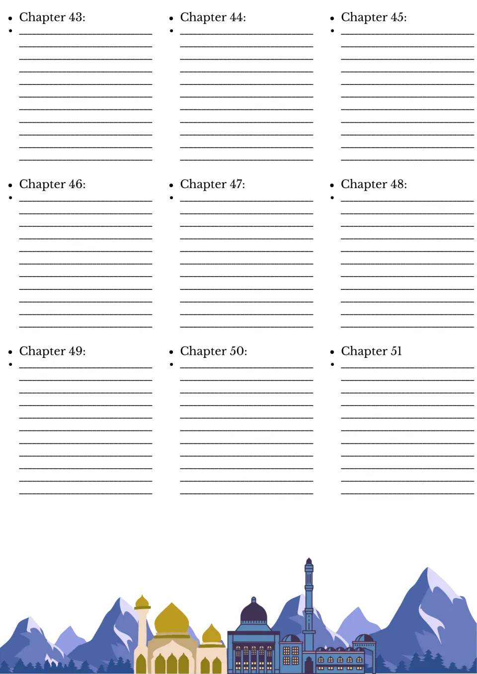 Novel study chapter summary section concludes with spaces for students to summarize chapters 43 through 51.