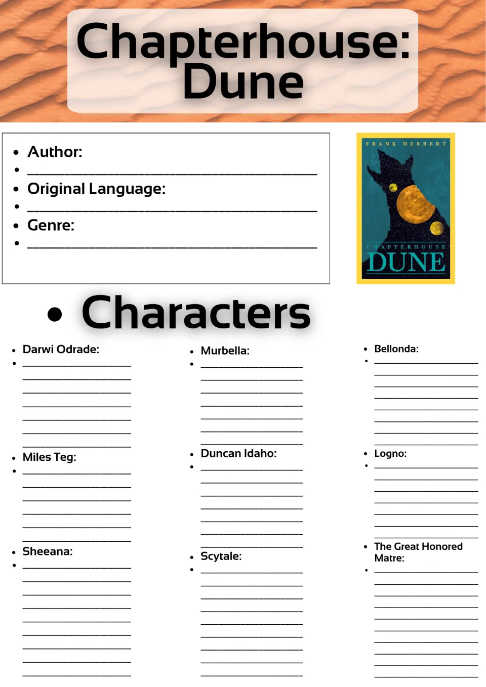 Novel study opening page: author, original language, genre, and nine characters, including Darwi Odrade