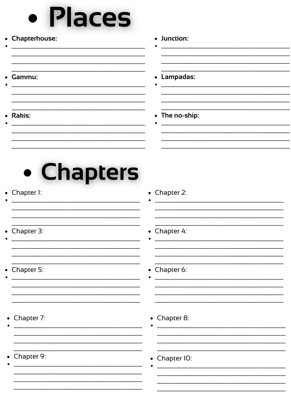 Setting and chapter notes: six places, including Chapterhouse and Gammu, followed by chapters 1–10