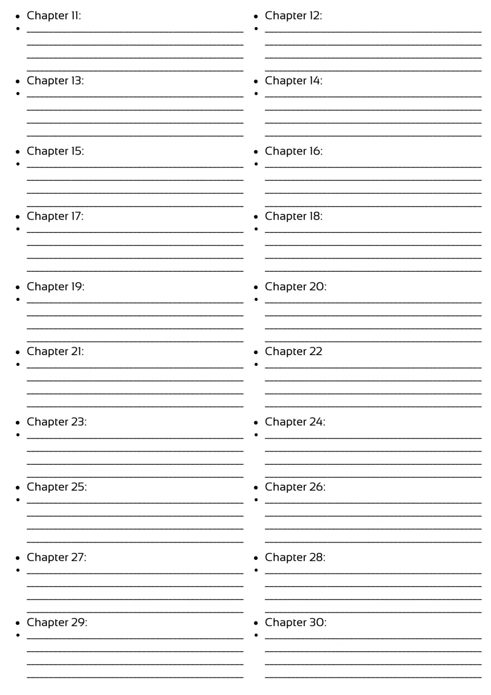 Chapter summary section for chapters 11–30, continuing the novel study with space to summarize each chapter