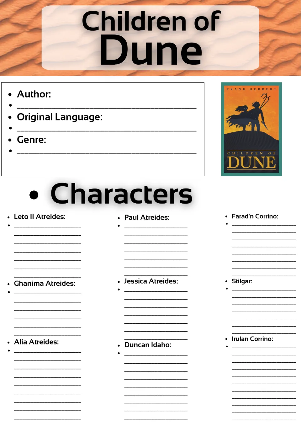Novel study opening page: author, original language, genre, and descriptions of nine Atreides-era characters