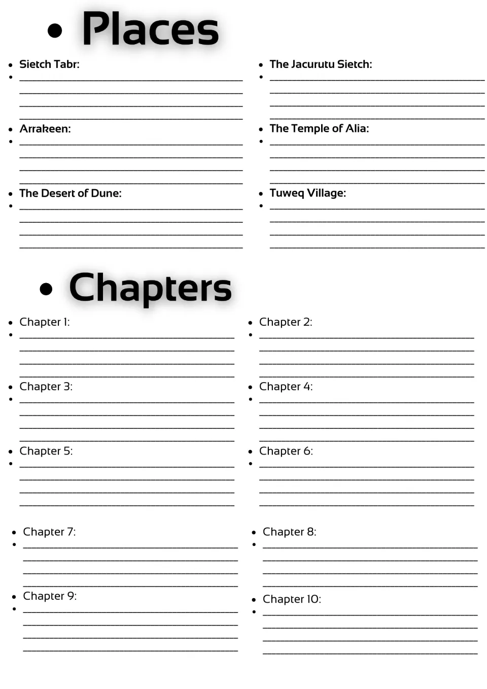 Novel study setting notes for six places, including Sietch Tabr and Arrakeen, plus summaries of chapters 1–10