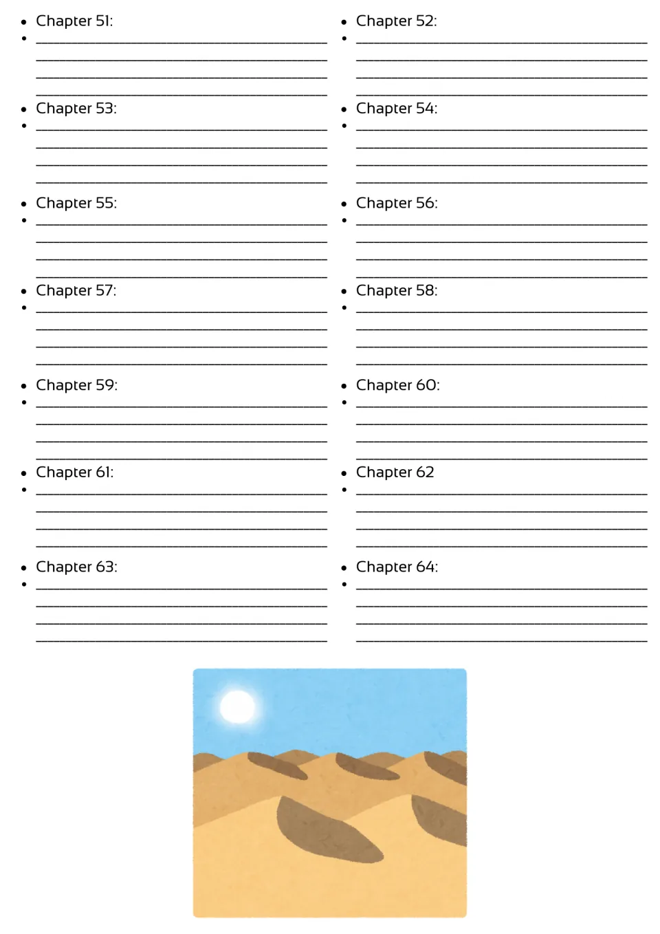 Novel study chapter summary section concludes with individual spaces to summarize chapters 51 through 64