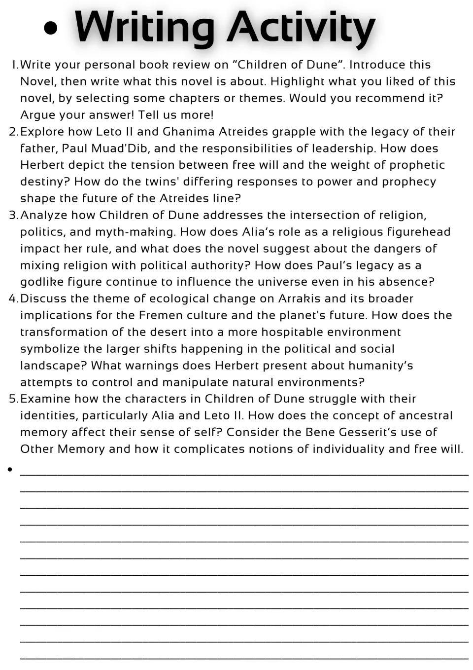Novel study writing activity: five prompts on a book review, leadership, religion, ecology, and identity