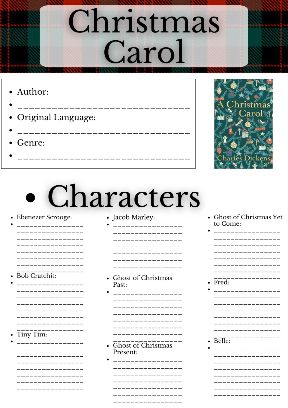 Christmas Carol book info and characters: students note author, language, genre and describe Scrooge, Marley, ghosts