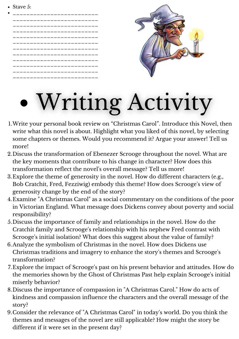 Stave 5 summary and writing activity: nine essay prompts on Scrooge's transformation, generosity, poverty and symbolism