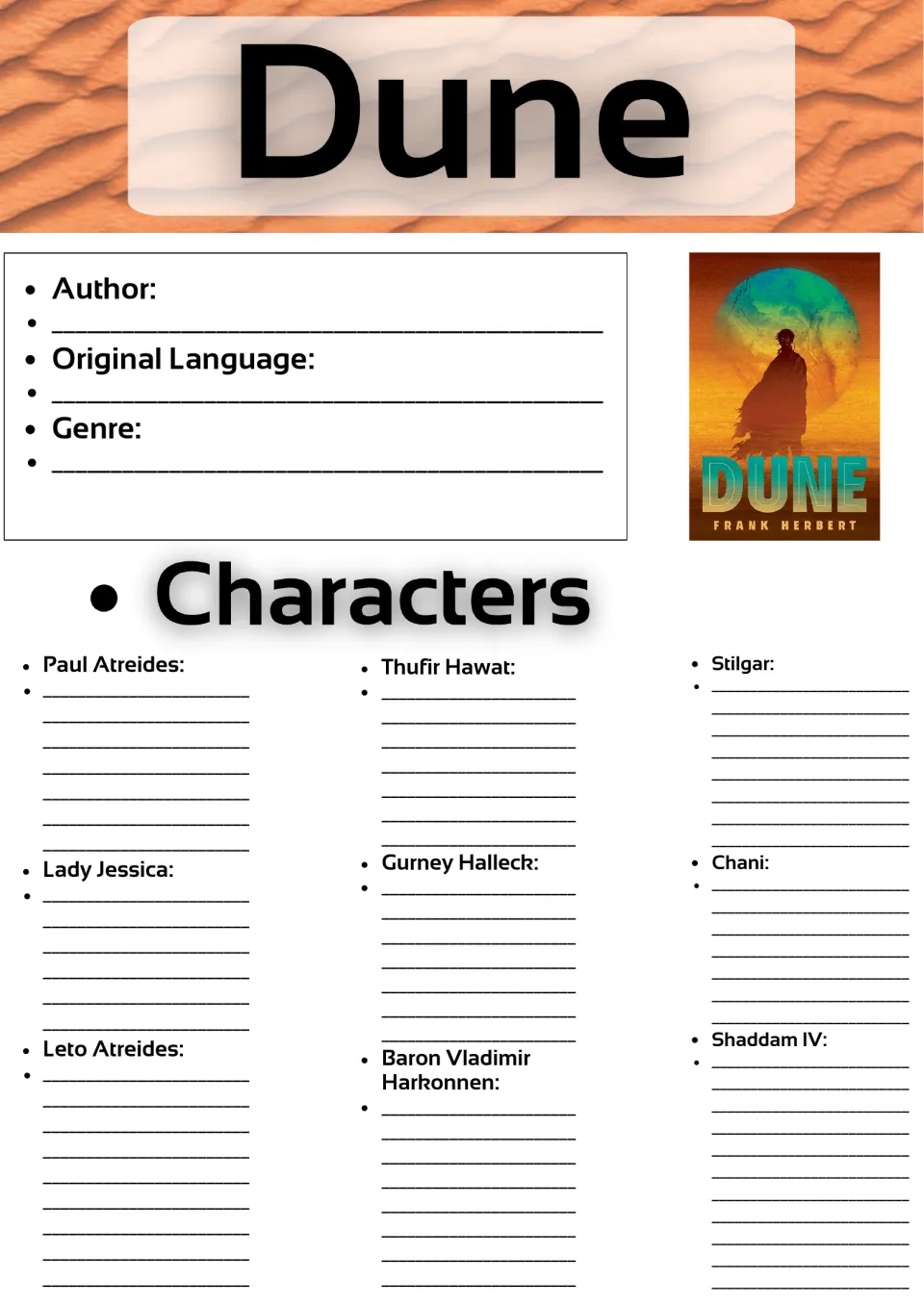 Novel study opening page: author, original language, genre, and descriptions of nine Dune characters.