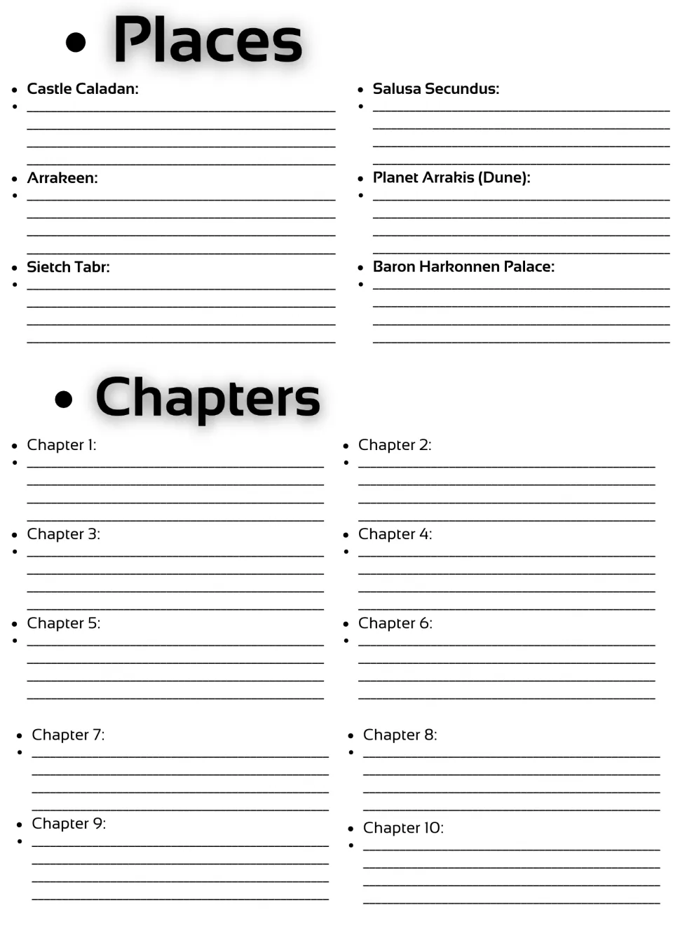 Novel study notes for six places, including Castle Caladan and Salusa Secundus, plus chapters 1–10.