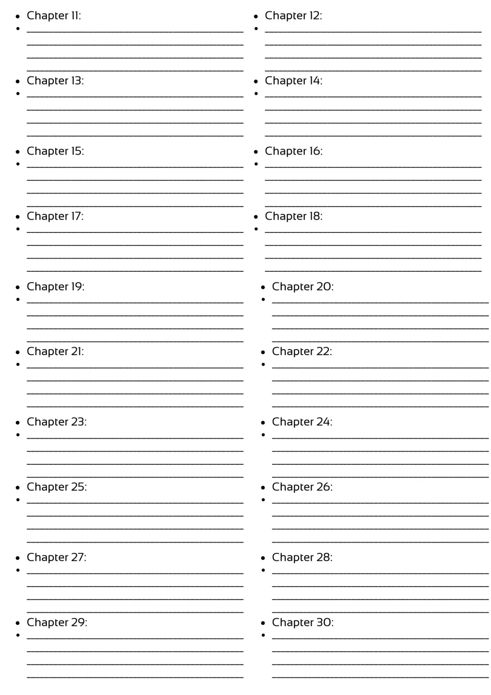 Chapter summary section of the novel study, continuing with entries for chapters 11–30 of Dune.