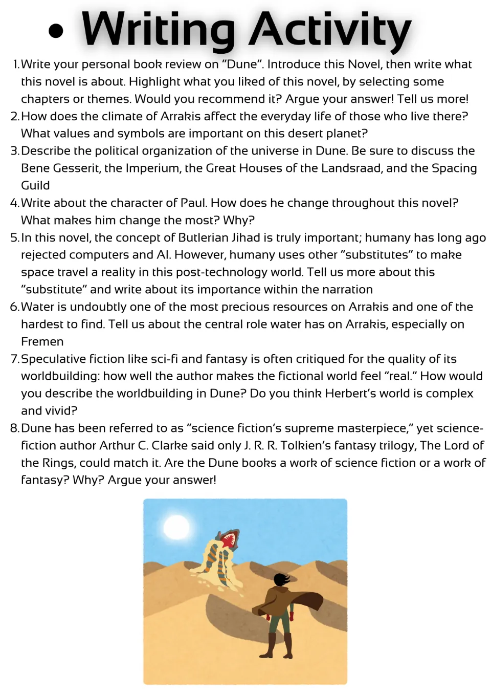 Eight Dune writing prompts cover a book review, climate, politics, Paul, space travel, water, worldbuilding, and genre.