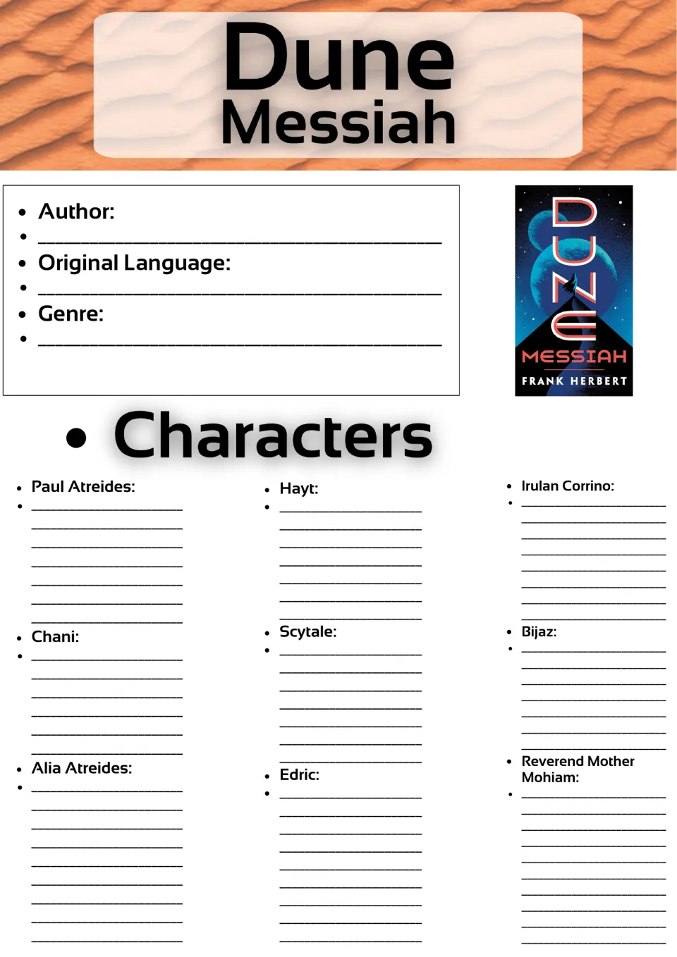 Novel study opening page: author, original language, genre, and notes on Paul Atreides and eight more characters