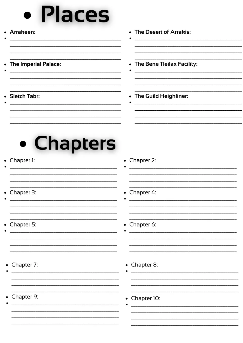 Novel study continuation: descriptions of six places, including Arrakeen, and summaries for chapters 1–10