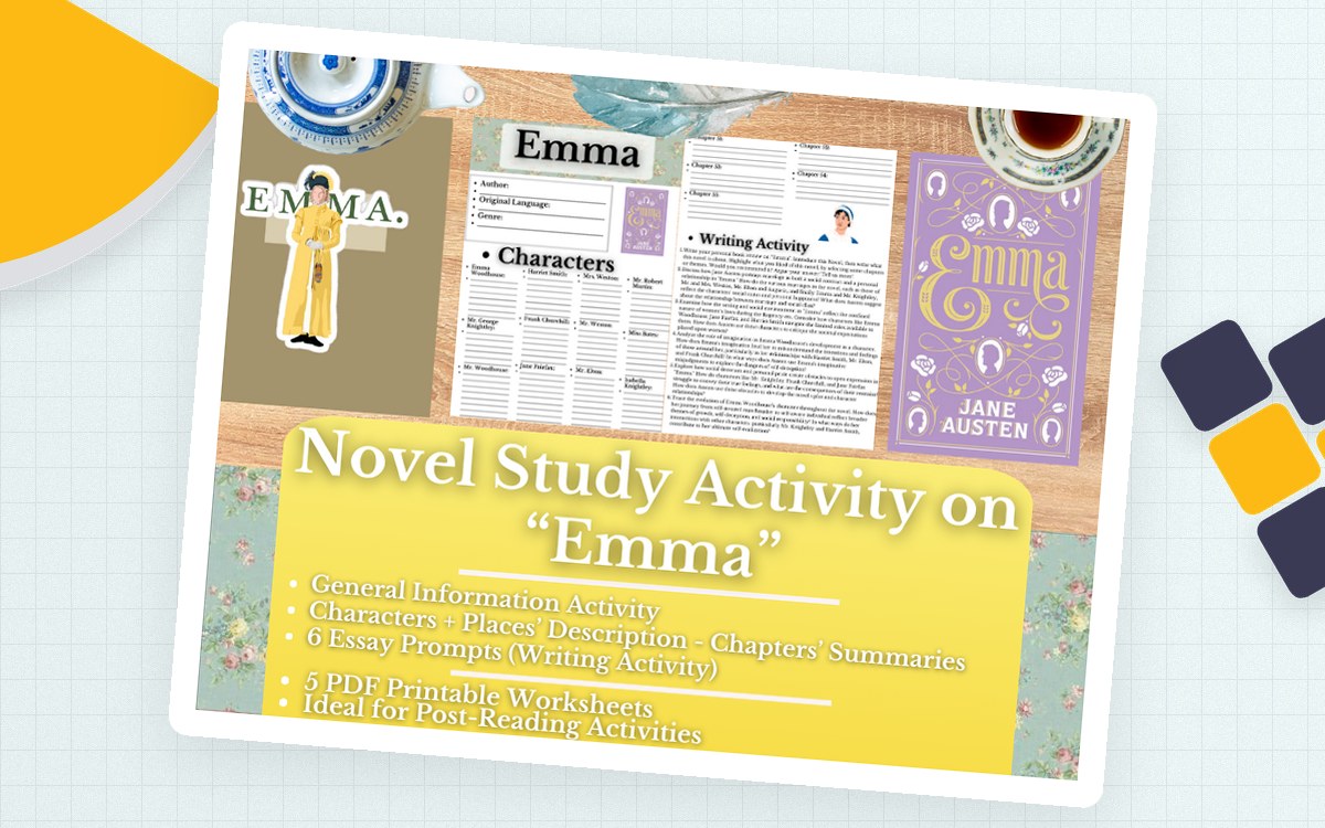 Emma novel-study collage with book cover, character sheet, chapter summaries, and writing activities.