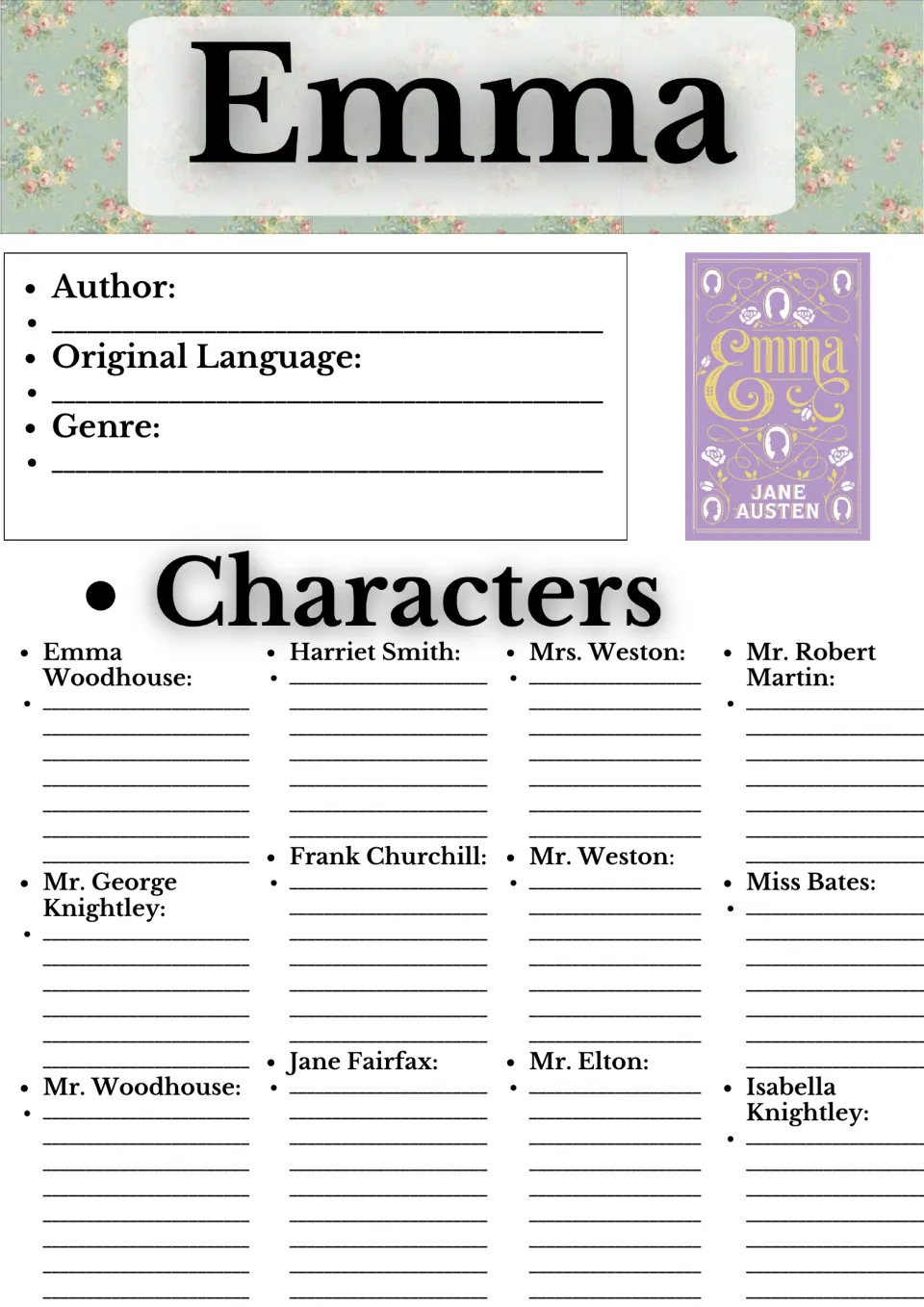 Emma character notes: students record author, language and genre, then write notes on 12 characters such as Harriet Smith