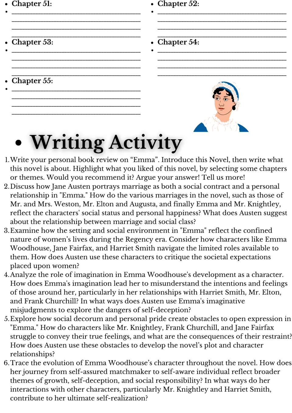 Chapters 51 to 55 notes and a writing activity: students write a book review and essays on marriage, class and imagination