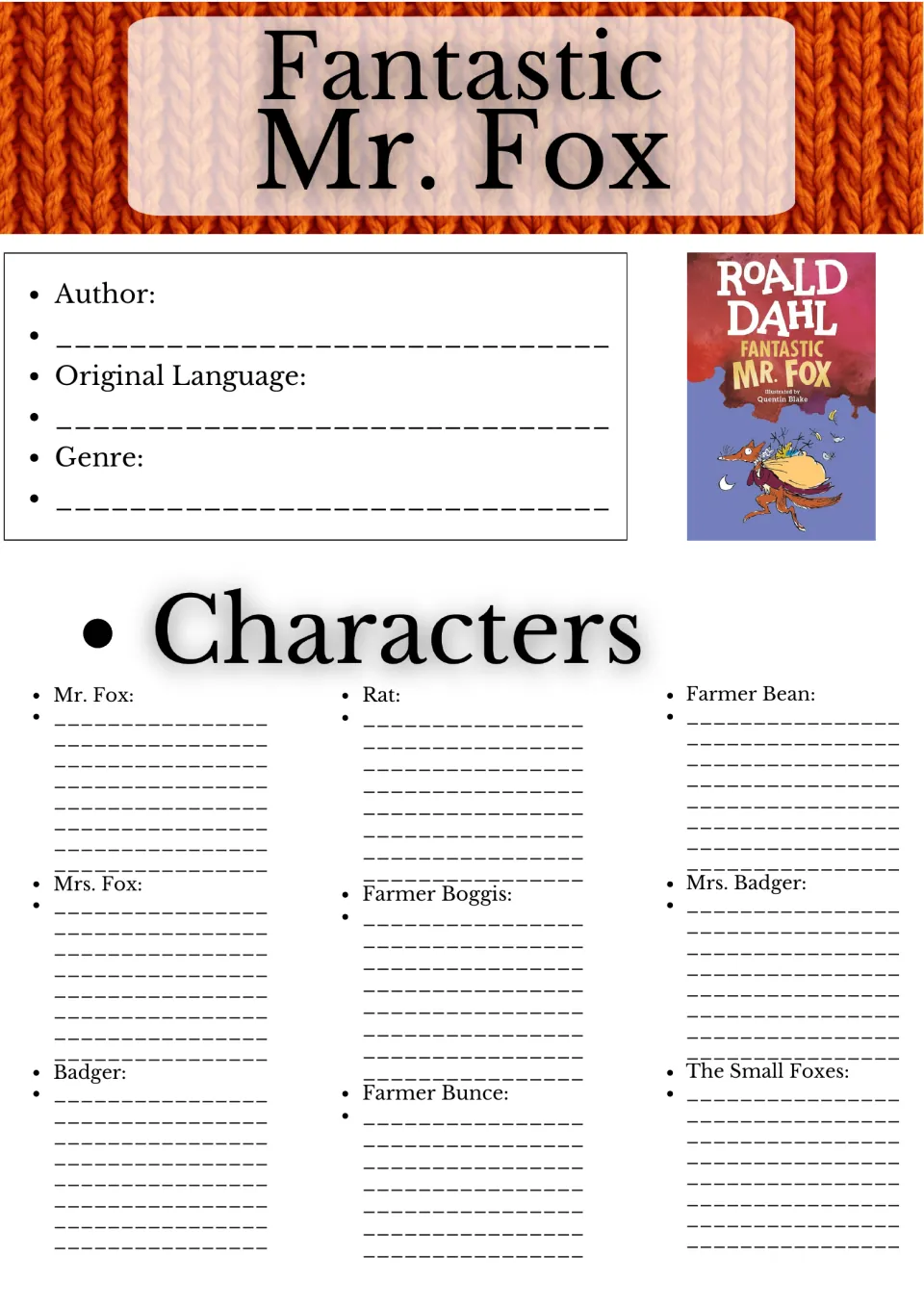 Novel study opening page: author, original language, genre, and nine character entries, including Mr. Fox