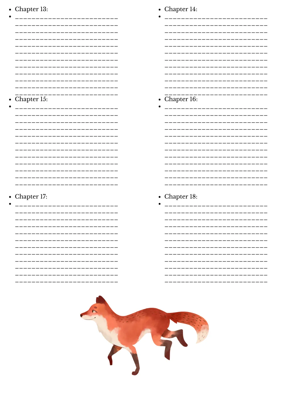 Novel study chapter summary section concludes with six entries for students to complete, chapters 13–18