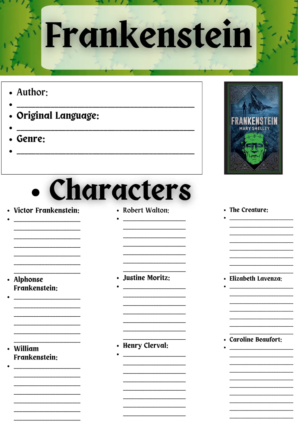 Frankenstein character notes: students note author, language, genre, then describe Victor, Walton, the Creature and others