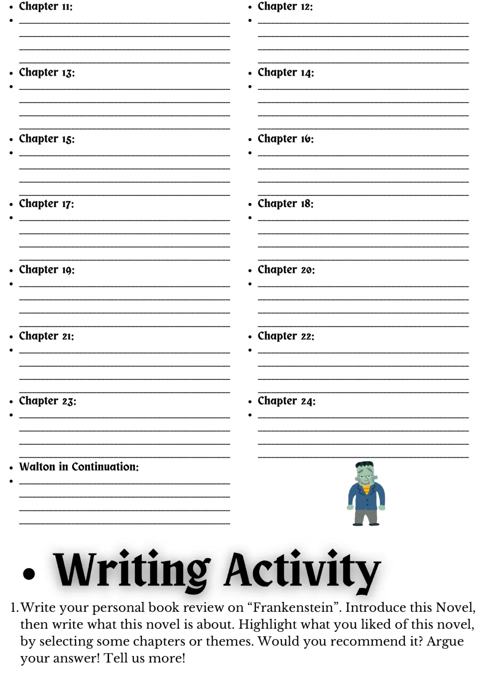 Chapters 11 to 24 and Walton in Continuation: students summarize each, then write a book review with a recommendation